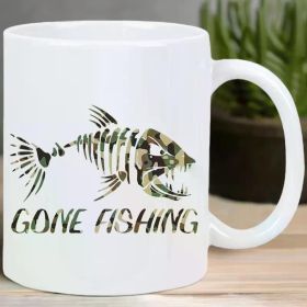 Gone Fishing" White Ceramic Mug with Camo Fish Design - Reusable, Hand-Wash Only, Perfect for Coffee & Tea Lovers,