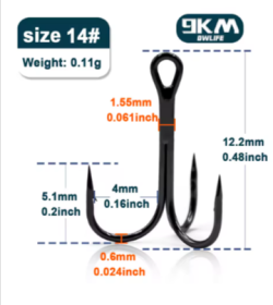 9KM Fishing Treble Hooks High Carbon Steel (size/color: Size-14 Gap-4mm25 pcs)
