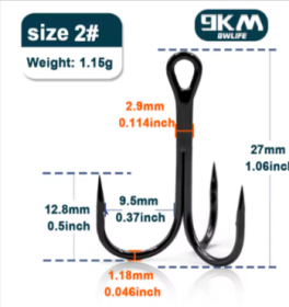 9KM Fishing Treble Hooks High Carbon Steel (size/color: Size-2 Gap-9.5mm25 pcs)