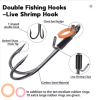 9KM Live Shrimp Hooks 10~15Pcs Double Hook Live Shrimp Holder Hook Corrosion Resistant for Saltwater Freshwater
