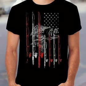 Retro Style Fishing Rod And Innovative American Flag Pattern Round Neck And Short Sleeved T-shirt, Fashionable And Chic Men's Outdoor Clothing Summer (Color: black, size: XL)