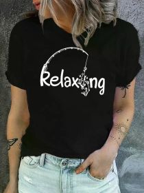 Leisure Relaxing Fishing Print Crew Neck T-Shirt, Casual Short Sleeve T-Shirt For Spring & Summer, Women'S (Color: black, size: XXXL)