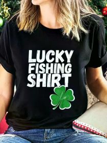 Ladies' "Lucky Fishing Shirt" Pattern T-Shirt - Black Short Sleeve, White Print, Casual Summer Top, Machine Washable (Color: black, size: XXL)