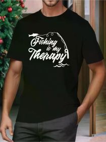 Men's Casual Crew Neck T-Shirt, 100% Cotton, Geometric Fishing Graphic, All-Season Comfort Fit, Regular Size (Color: black, size: M)