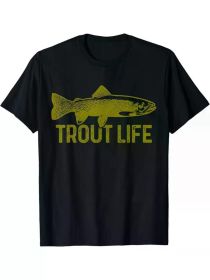 1pc Trout Life Graphic T-Shirt, 100% Cotton Crew Neck Short Sleeve Tee, Geometric Pattern, All-Season Casual Wear for Fly Fishing Enthusiasts (Color: black, size: XL)