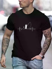 1pc Men'S Cotton Crew Neck T-Shirt with Fishing Adventure Graphic - Geometric-Patterned, Breathable & Lightweight (Color: black, size: XXXL)