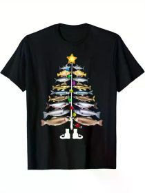 Happy Fish Christmas Tree T-Shirt | 100% Cotton, Soft & Comfortable | Fun Fishing Graphic with Colorful Lights & Star Top (Color: black, size: L)