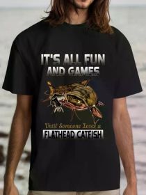 180G Pure Cotton Single-Sided Printed Round Neck T-Shirt Flat Head Catfish (Color: black, size: L)